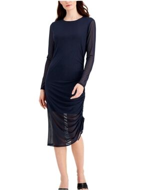 INC International Concepts Navy Long-Sleeve Ruched Side Midi Dress A-Line Sheer